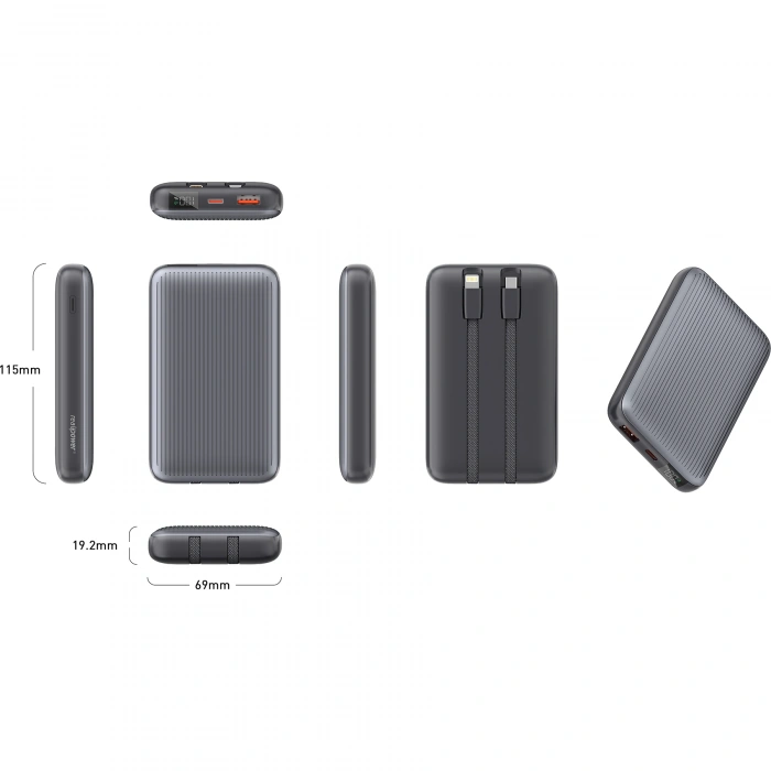 Realpower 10000mAh 22.5W Hızlı Şarj Powerbank Gri Dahili Kablolu Taşınabilir Şarj Cihazı LED Göstergeli PB10KGR2