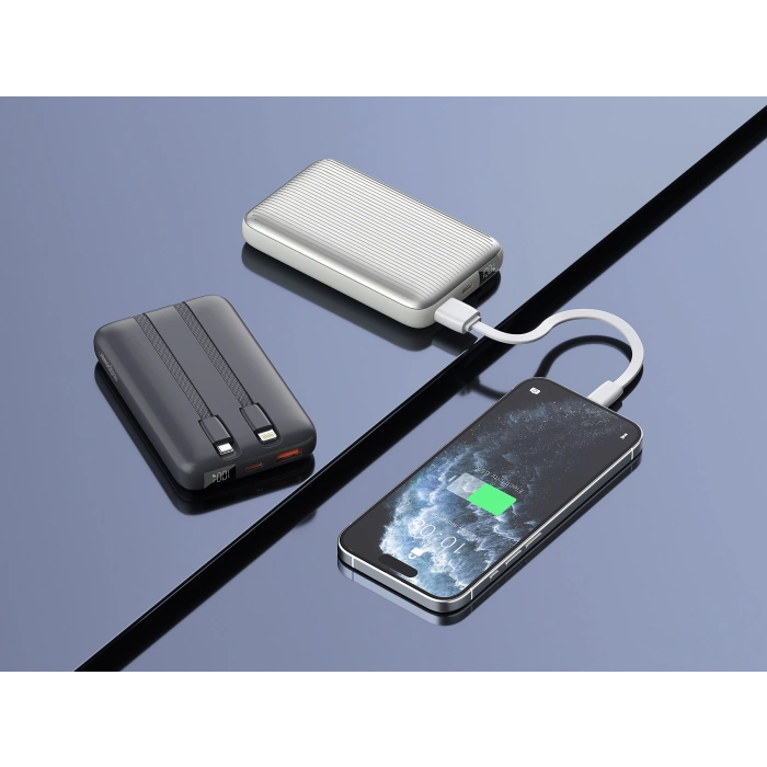 Realpower 10000mAh 22.5W Hızlı Şarj Powerbank Gri Dahili Kablolu Taşınabilir Şarj Cihazı LED Göstergeli PB10KGR2