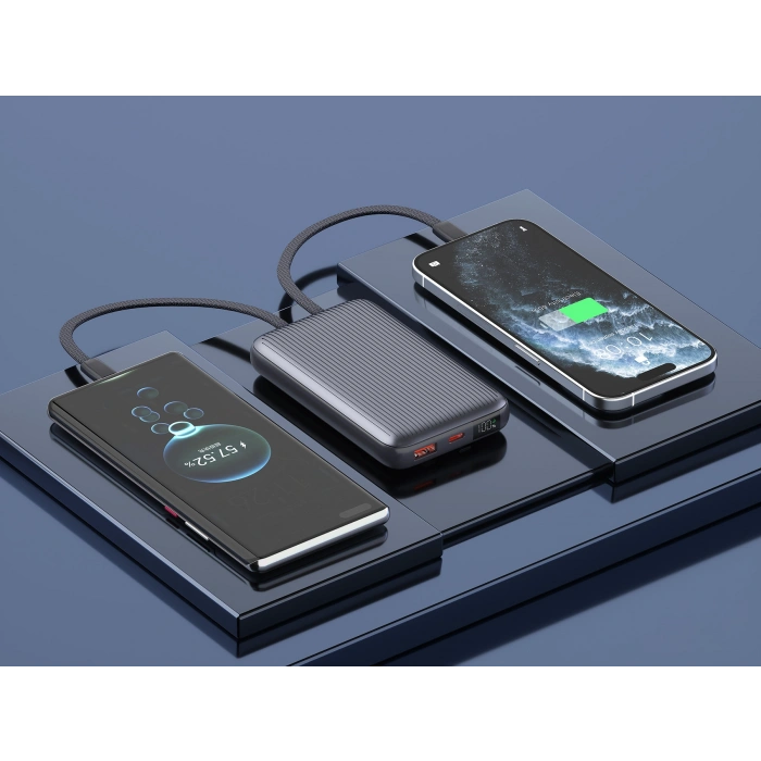 Realpower 10000mAh 22.5W Hızlı Şarj Powerbank Gri Dahili Kablolu Taşınabilir Şarj Cihazı LED Göstergeli PB10KGR2