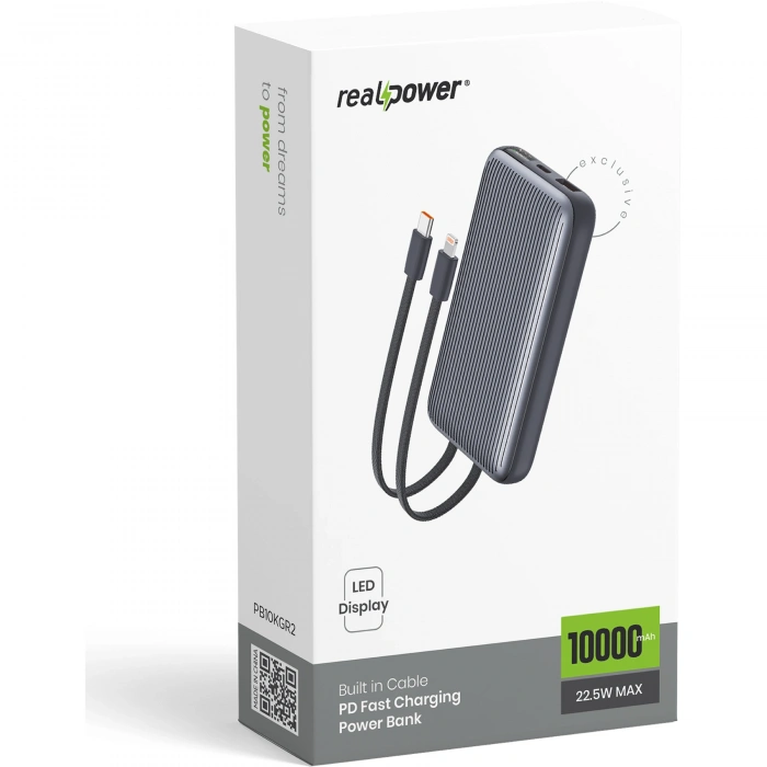 Realpower 10000mAh 22.5W Hızlı Şarj Powerbank Gri Dahili Kablolu Taşınabilir Şarj Cihazı LED Göstergeli PB10KGR2