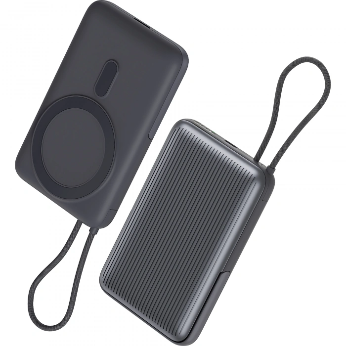 Realpower 10000mAh 22.5W Hızlı Şarj Manyetik MagSafe Powerbank Gri Dahili Kablolu Taşınabilir Şarj Cihazı LED Göstergeli PB10KGR3