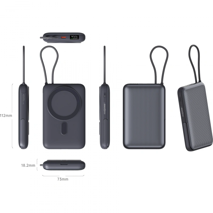 Realpower 10000mAh 22.5W Hızlı Şarj Manyetik MagSafe Powerbank Gri Dahili Kablolu Taşınabilir Şarj Cihazı LED Göstergeli PB10KGR3