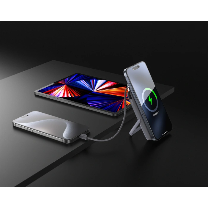 Realpower 10000mAh 22.5W Hızlı Şarj Manyetik MagSafe Powerbank Gri Dahili Kablolu Taşınabilir Şarj Cihazı LED Göstergeli PB10KGR3