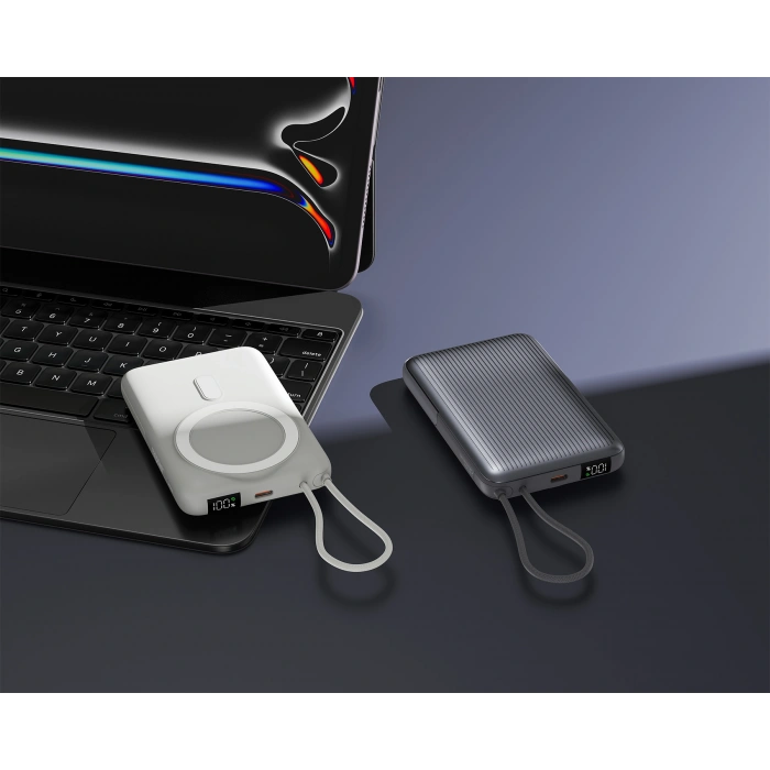 Realpower 10000mAh 22.5W Hızlı Şarj Manyetik MagSafe Powerbank Silver Dahili Kablolu Taşınabilir Şarj Cihazı LED Göstergeli PB10KSL3