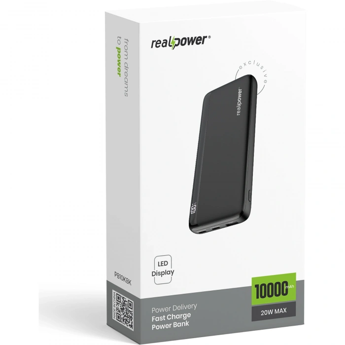 Realpower 10000mAh 20W Hızlı Şarj Powerbank Siyah Taşınabilir Şarj Cihazı LED Göstergeli PB10KBK