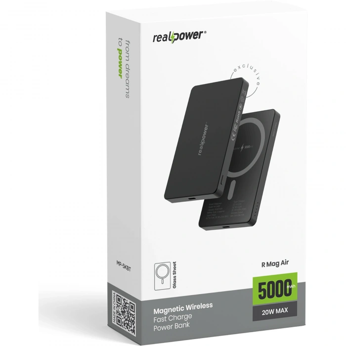 Realpower 5000mAh R Mag Air MagSafe 20W Hızlı Manyetik Kablosuz Powerbank Siyah Titanyum MP-5KBT
