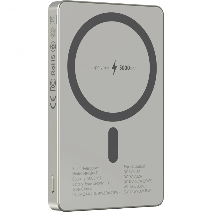 Realpower 5000mAh R Mag Air MagSafe 20W Hızlı Manyetik Kablosuz Powerbank Natürel Titanyum MP-5KNT