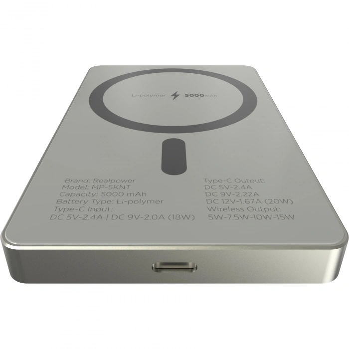Realpower 5000mAh R Mag Air MagSafe 20W Hızlı Manyetik Kablosuz Powerbank Natürel Titanyum MP-5KNT