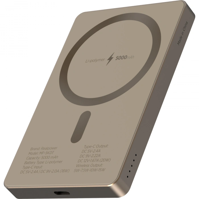 Realpower 5000mAh R Mag Air MagSafe 20W Hızlı Manyetik Kablosuz Powerbank Çöl Titanyum MP-5KDT