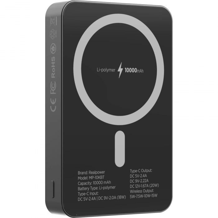 Realpower 10000mAh R Mag Air Pro MagSafe 20W Hızlı Manyetik Kablosuz Powerbank Siyah Titanyum MP-10KBT