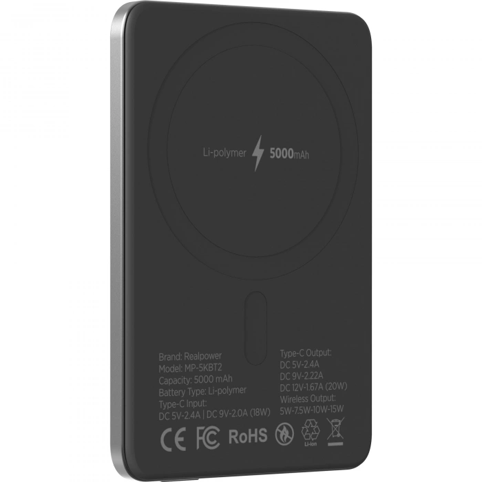 Realpower 5000mAh R Mag Slim MagSafe 20W Hızlı Manyetik Kablosuz Powerbank Siyah Titanyum MP-5KBT2