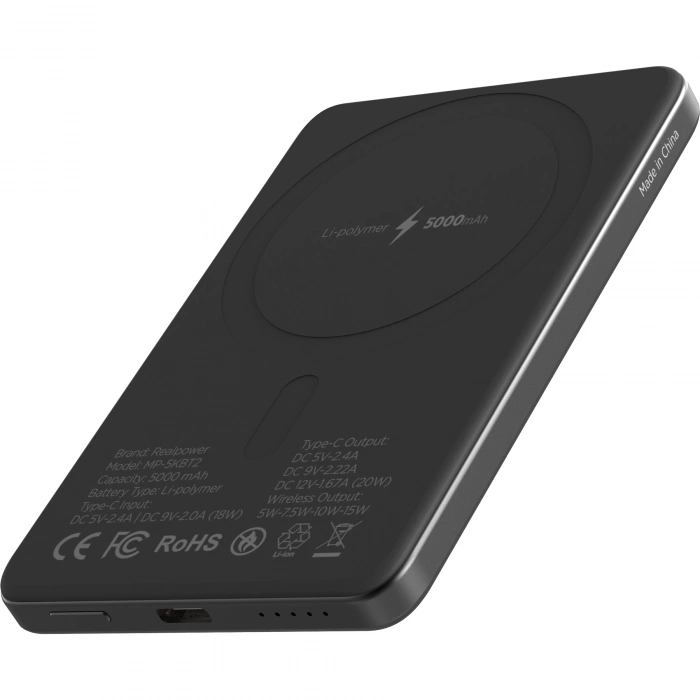 Realpower 5000mAh R Mag Slim MagSafe 20W Hızlı Manyetik Kablosuz Powerbank Siyah Titanyum MP-5KBT2