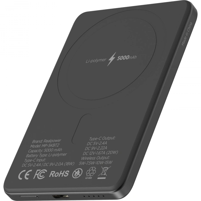 Realpower 5000mAh R Mag Slim MagSafe 20W Hızlı Manyetik Kablosuz Powerbank Siyah Titanyum MP-5KBT2