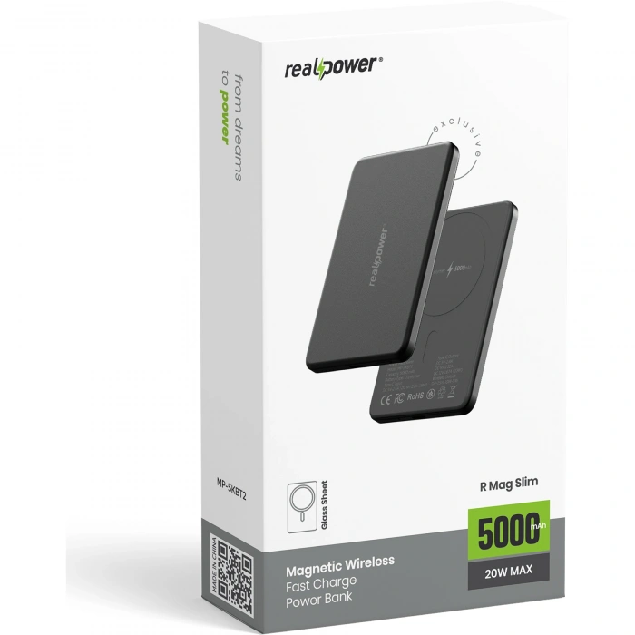 Realpower 5000mAh R Mag Slim MagSafe 20W Hızlı Manyetik Kablosuz Powerbank Siyah Titanyum MP-5KBT2