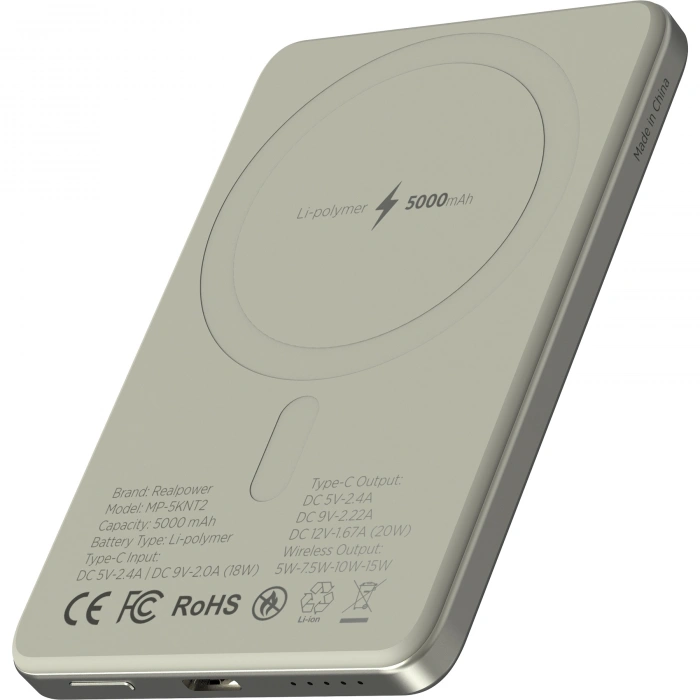 Realpower 5000mAh R Mag Slim MagSafe 20W Hızlı Manyetik Kablosuz Powerbank Natürel Titanyum MP-5KNT2