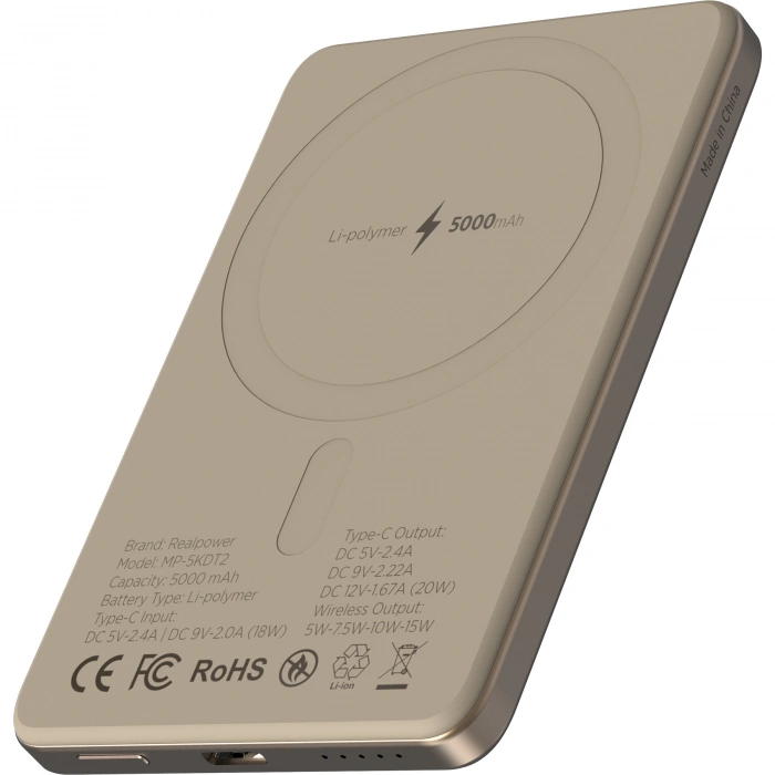 Realpower 5000mAh R Mag Slim MagSafe 20W Hızlı Manyetik Kablosuz Powerbank Çöl Titanyum MP-5KDT2