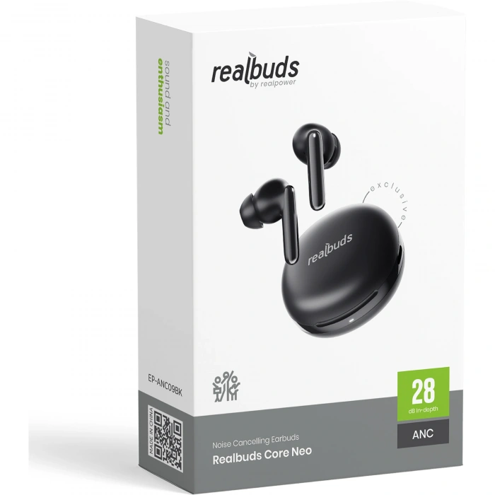 Realpower RealBuds Core Neo Bluetooth Kulak İçi Kulaklık ANC Gürültü Önleyici Dokunmatik Kontrol HD Mikrofonlu Type-C Hızlı Şarjlı Siyah EP-ANC09BK