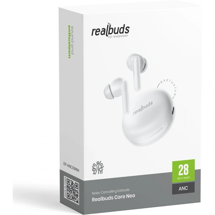 Realpower RealBuds Core Neo Bluetooth Kulak İçi Kulaklık ANC Gürültü Önleyici Dokunmatik Kontrol HD Mikrofonlu Type-C Hızlı Şarjlı Beyaz EP-ANC09WH