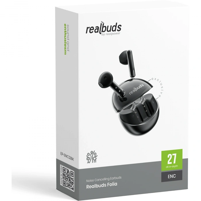Realpower RealBuds Folia Bluetooth Kulak İçi Kulaklık ENC Dokunmatik Kontrol HD Mikrofonlu Type-C Hızlı Şarjlı Siyah EP-ENC32BK