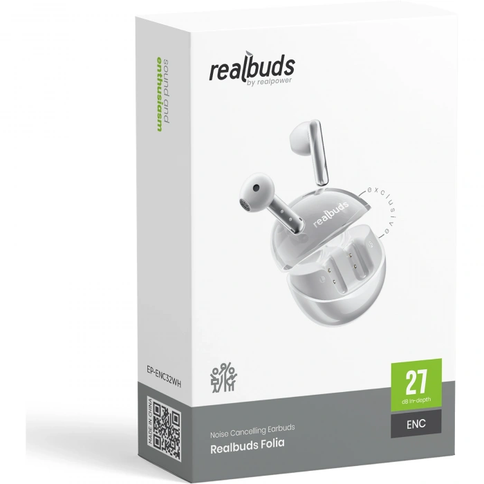 Realpower RealBuds Folia Bluetooth Kulak İçi Kulaklık ENC Dokunmatik Kontrol HD Mikrofonlu Type-C Hızlı Şarjlı Beyaz EP-ENC32WH