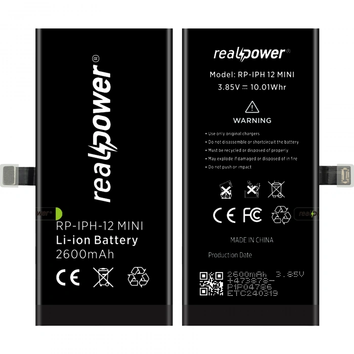 RealPower Apple Uyumlu iPhone 12 Mini Batarya 2600mAh Yüksek Kapasiteli Güçlendirilmiş Pil