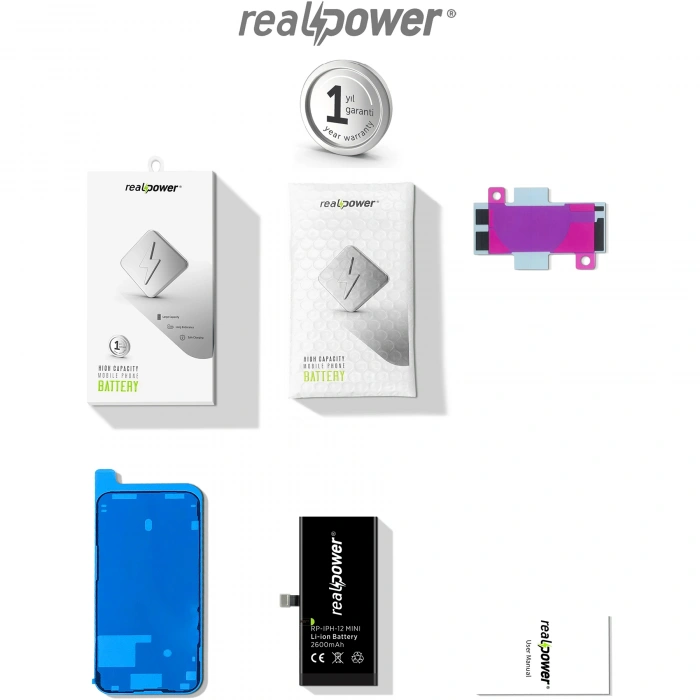 RealPower Apple Uyumlu iPhone 12 Mini Batarya 2600mAh Yüksek Kapasiteli Güçlendirilmiş Pil