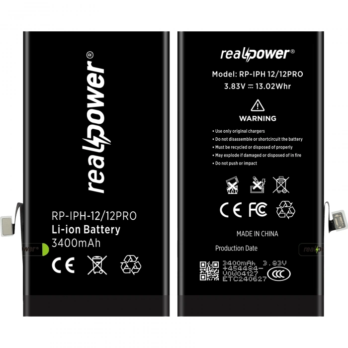 RealPower Apple Uyumlu iPhone 12 Pro Batarya 3400mAh Yüksek Kapasiteli Güçlendirilmiş Pil