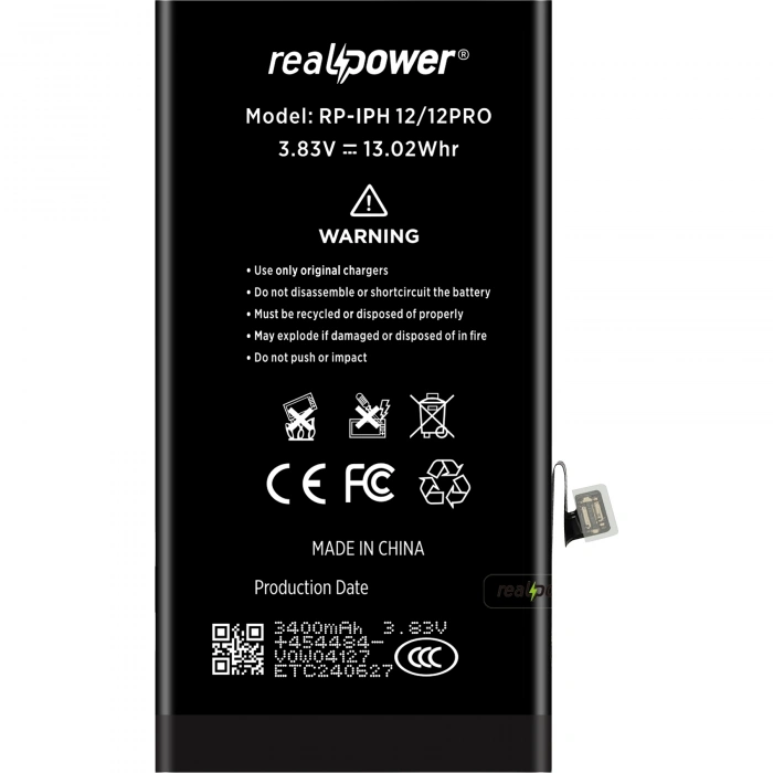 RealPower Apple Uyumlu iPhone 12 Pro Batarya 3400mAh Yüksek Kapasiteli Güçlendirilmiş Pil