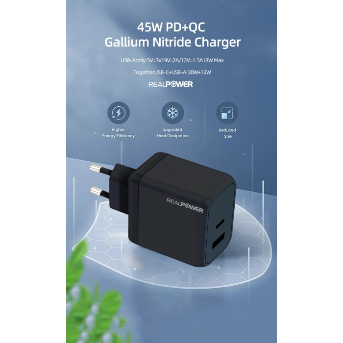 Realpower 45W GaN USB-C PD Hızlı Şarj Adaptörü Şarj Aleti Beyaz RP-CG45W
