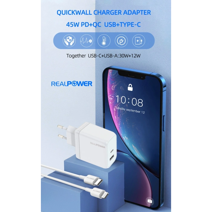 Realpower 45W GaN USB-C PD Hızlı Şarj Adaptörü Şarj Aleti Siyah RP-CG45B