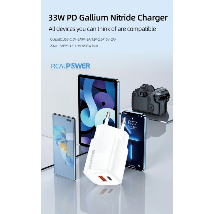 Realpower 33W GaN USB-C PD Hızlı Şarj Adaptörü Şarj Aleti ve USB-C to USB-C Kablo Seti Beyaz RP-CG33CW