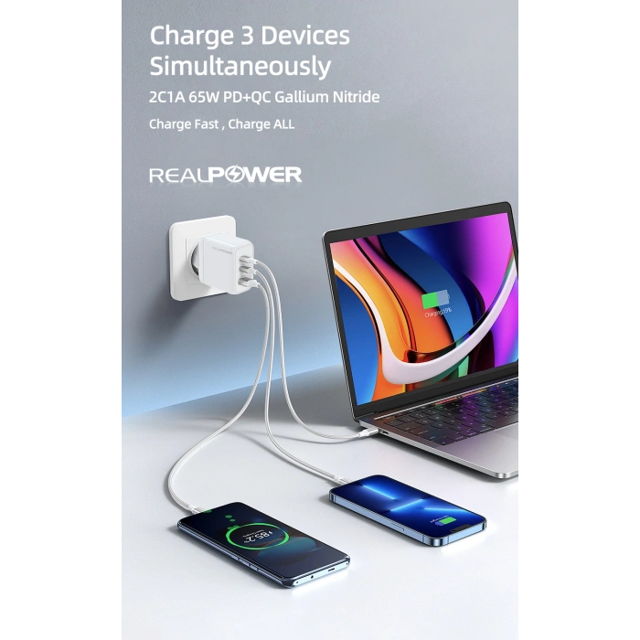 Realpower 100W GaN 3 Çıkışlı USB-C1/C2/A PD Hızlı Şarj Adaptörü ve USB-C to USB-C Kablo Seti Siyah RP-CG100CB