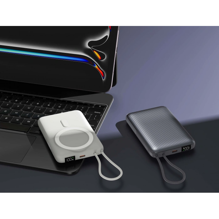 Realpower 10000mAh 22.5W Hızlı Şarj Manyetik MagSafe Powerbank Silver Dahili Kablolu Taşınabilir Şarj Cihazı LED Göstergeli PB10KSL3