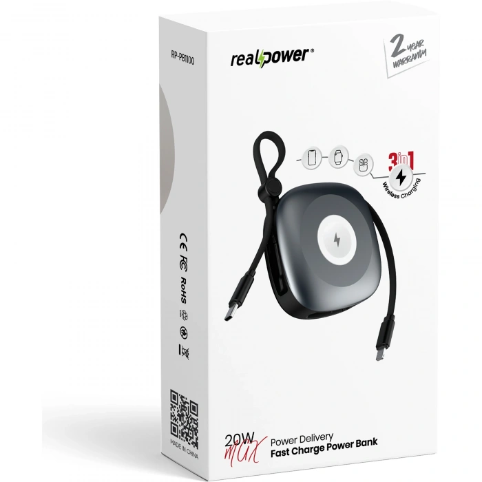 Realpower 10000mAh 20W 3ü 1 Arada Kablosuz Hızlı Şarj Powerbank Uzay Grisi RP-PB1100