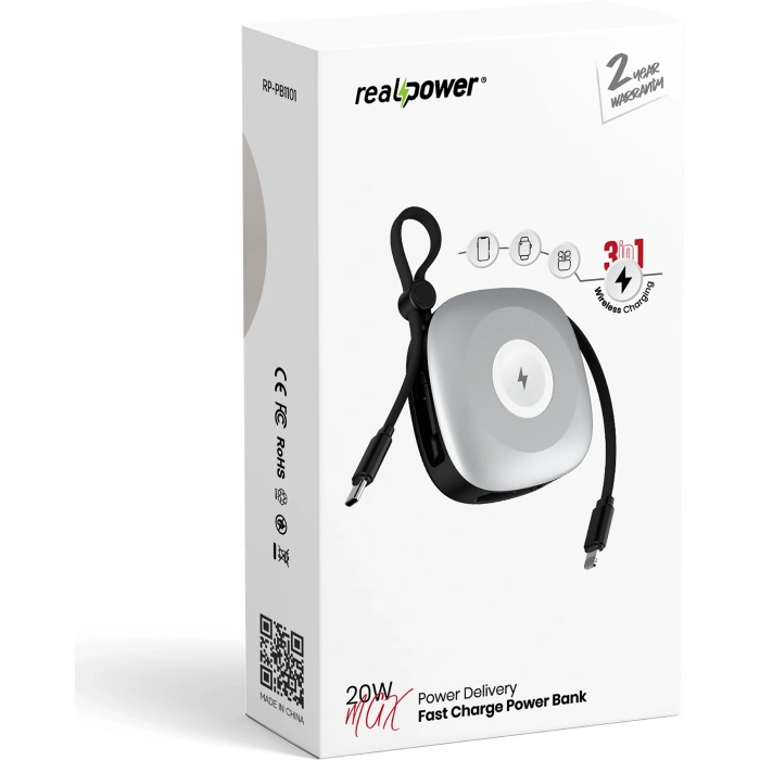 Realpower 10000mAh 20W 3ü 1 Arada Kablosuz Hızlı Şarj Powerbank Açık Gri RP-PB1101