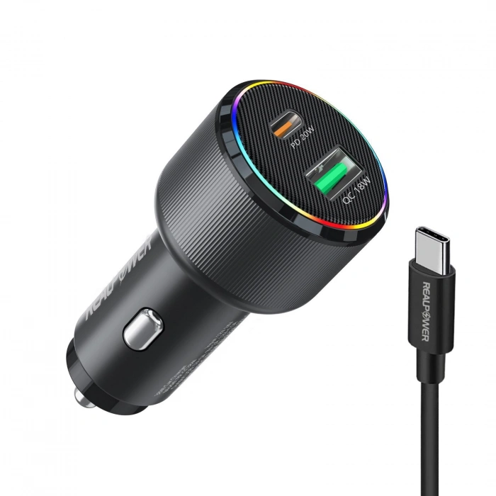Realpower 38W USB-C ve USB-A Çift Çıkışlı PD Hızlı Araç Şarj Adaptörü ve USB-C to Lightning Kablo Seti RP-CC38W
