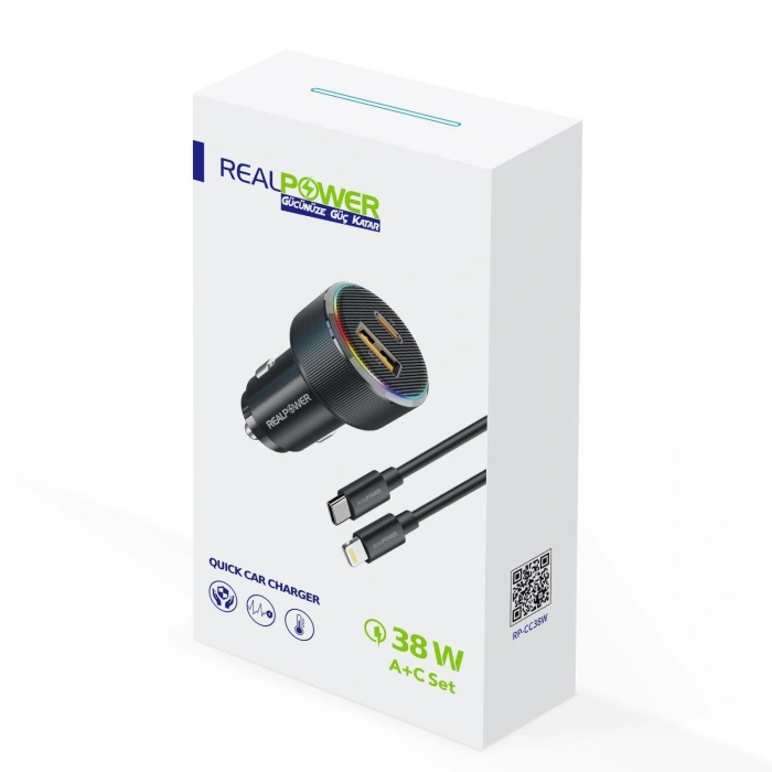Realpower 38W USB-C ve USB-A Çift Çıkışlı PD Hızlı Araç Şarj Adaptörü ve USB-C to Lightning Kablo Seti RP-CC38W