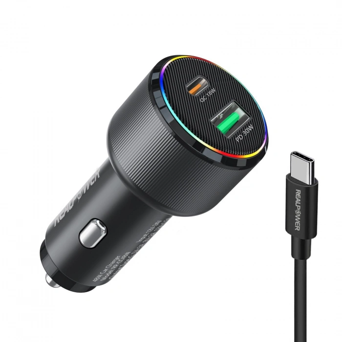 Realpower 48W USB-C ve USB-A Çift Çıkışlı PD Hızlı Araç Şarj Adaptörü ve USB-C to USB-C Kablo Seti RP-CC48W