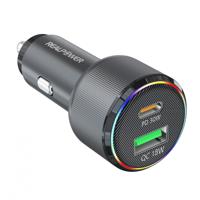 Realpower 48W USB-C ve USB-A Çift Çıkışlı PD Hızlı Araç Şarj Adaptörü ve USB-C to USB-C Kablo Seti RP-CC48W