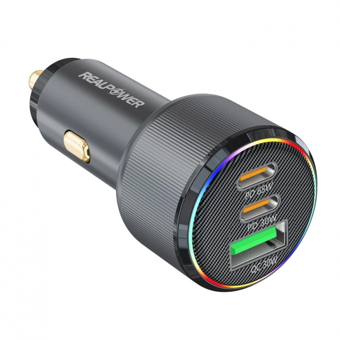 Realpower 125W USB-C1/C2/A 3 Çıkışlı PD Hızlı Araç Şarj Adaptörü ve USB-C to USB-C Kablo Seti RP-CC125W