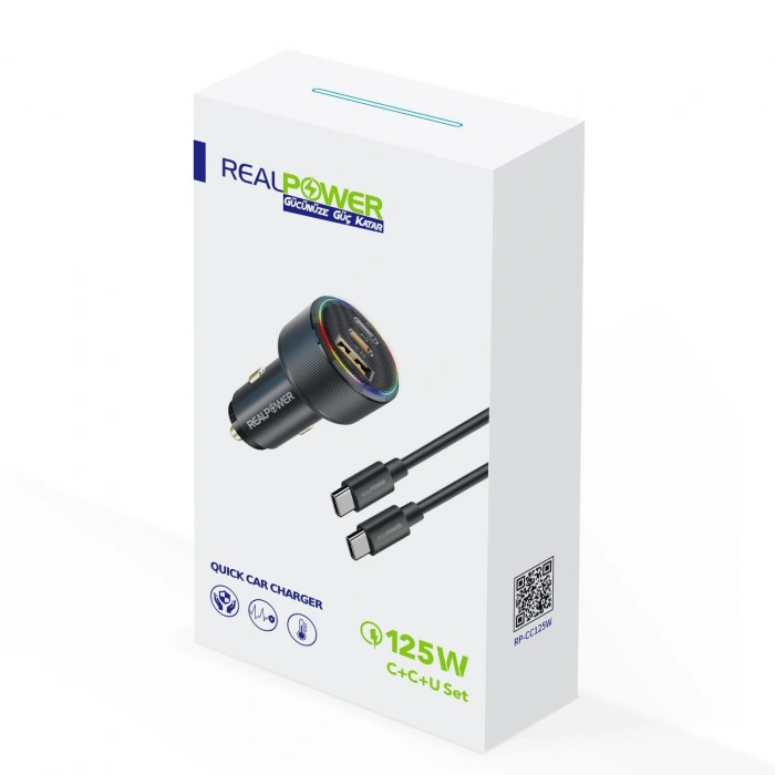 Realpower 125W USB-C1/C2/A 3 Çıkışlı PD Hızlı Araç Şarj Adaptörü ve USB-C to USB-C Kablo Seti RP-CC125W