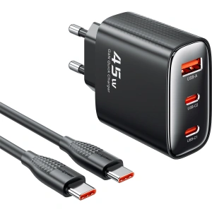 Realpower 45W GaN 3 Çıkışlı USB-C1/C2/A PD Hızlı Şarj Adaptörü Şarj Aleti ve 60W USB-C to USB-C Kablo Seti Siyah TCS45WBK