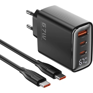 Realpower 67W GaN 3 Çıkışlı USB-C1/C2/A Dijital Göstergeli PD Hızlı Şarj Adaptörü Şarj Aleti ve 100W USB-C to USB-C Kablo Seti Siyah TCS67WBK