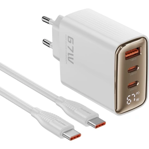 Realpower 67W GaN 3 Çıkışlı USB-C1/C2/A Dijital Göstergeli PD Hızlı Şarj Adaptörü Şarj Aleti ve 100W USB-C to USB-C Kablo Seti Beyaz TCS67WWH