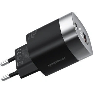 Realpower 33W GaN USB-C ve USB-A Çift Çıkışlı Dijital Göstergeli PD Hızlı Şarj Adaptörü Şarj Aleti Siyah TC33WBK