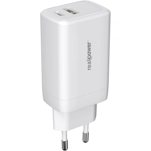 Realpower 65W GaN USB-C ve USB-A Çift Çıkışlı PD Hızlı Şarj Adaptörü Şarj Aleti Beyaz TC65WWH