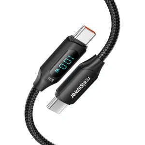 Realpower 100W USB-C to USB-C Dijital Göstergeli Örgülü Hızlı Şarj ve Data Kablosu 1 Metre Siyah CA-100WCCBK
