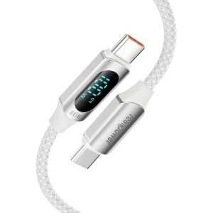 Realpower 100W USB-C to USB-C Dijital Göstergeli Örgülü Hızlı Şarj ve Data Kablosu 1 Metre Beyaz CA-100WCCWH