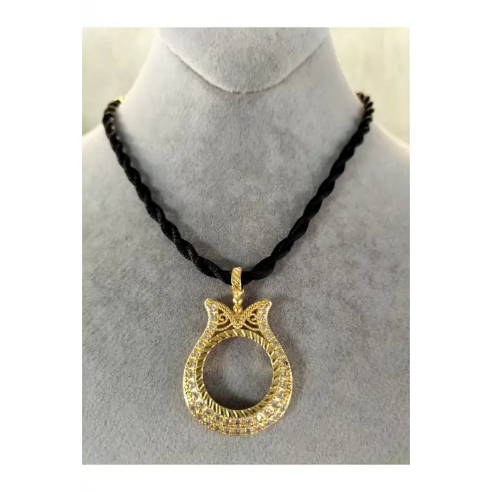 Çeyrek Altın Takmaya Uygun Lale Çerçeveli Ip Kordonlu Kolye