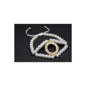 Makrome Örgülü Altın Kaplama Çerçeveli Bileklik